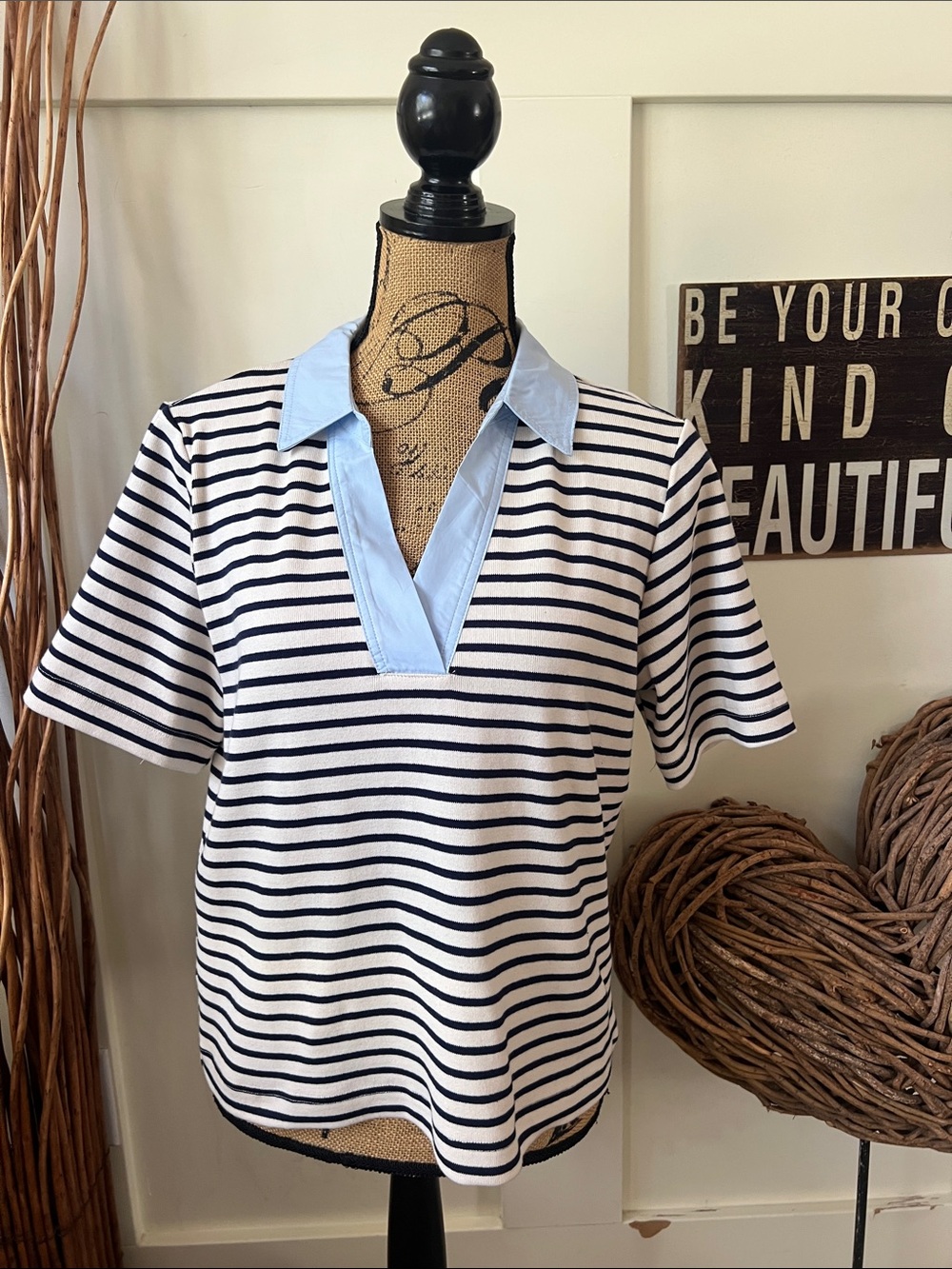 Truth Navy & White Striped Short-Sleeve Top with Light Blue Collar